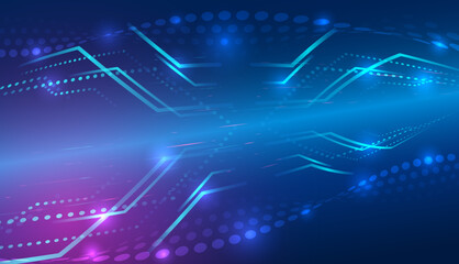 Obraz premium Abstract futuristic technology background with glowing blue and purple neon lines, digital dots, and dynamic data flow. Modern high-tech concept for innovation, networking, and big data.