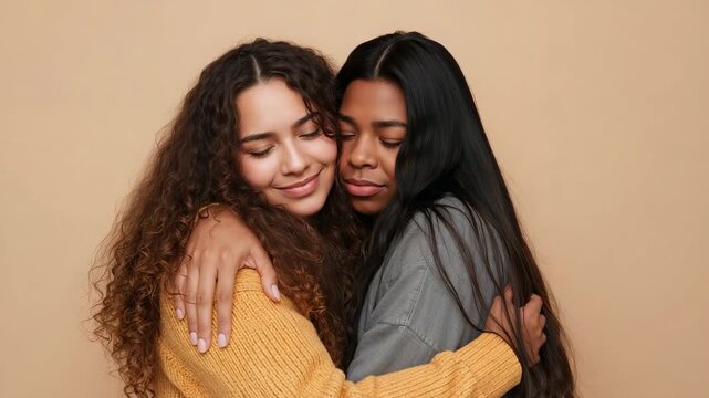 Hugging two women coming in beige backdrop, seeking comfort, wearing mustard and gray sweaters