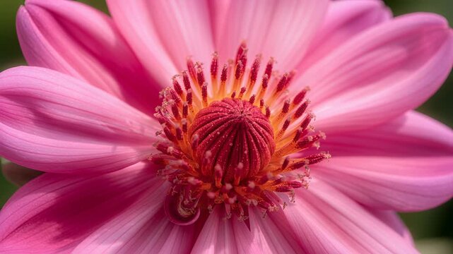 Pulling back camera showing pink composite flower in garden, revealing stigma and pollen for detail