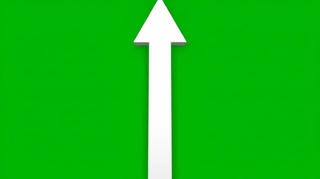 Animated white arrow rises and then retracts on a chroma key green screen background, ideal for concepts of upload, direction, and progress.