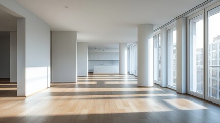 Obraz premium Modern, Empty Office Space with Large Windows and Terrazzo Flooring