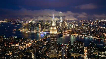Aerial view of New York City at night with illuminated skyscrapers