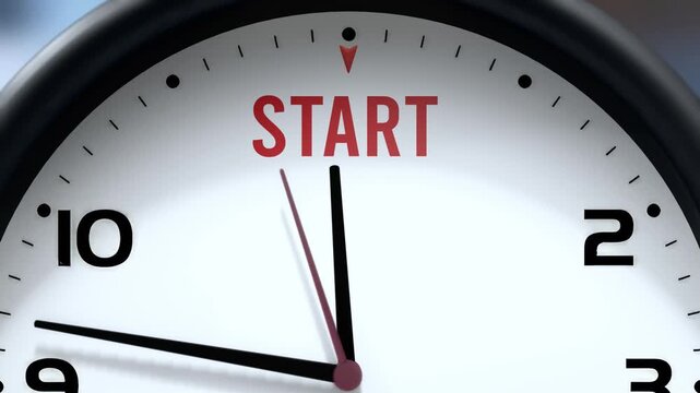 Start that is going to happen soon. Upcoming start, approaching in the near future. Start almost here, in a short time - a clock symbolizes a reminder that start is near.