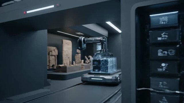 Autonomous robots navigate a modern data center, moving valuable digital assets and historical artifacts efficiently.