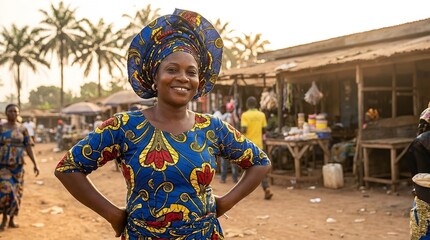 A smiling African woman wearing a vibrant traditional outfit in a market