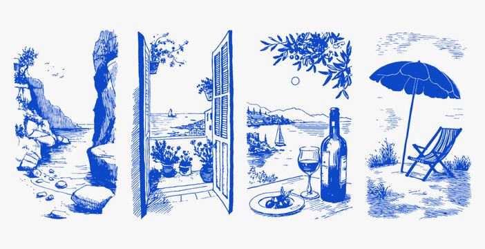 Rocky coast balcony doors wine table beach. Hand drawn mediterranean summer scenes with cliffs, terrace view, food and seaside relaxation. Vintage italian vacation illustration set.
