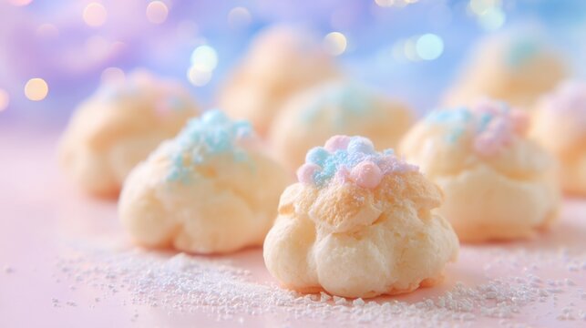 Delicate pastel kue cubit small bite-sized cakes adorned with sweet icing and airy swirls, perfect for a delightful celebration or sweet treat.