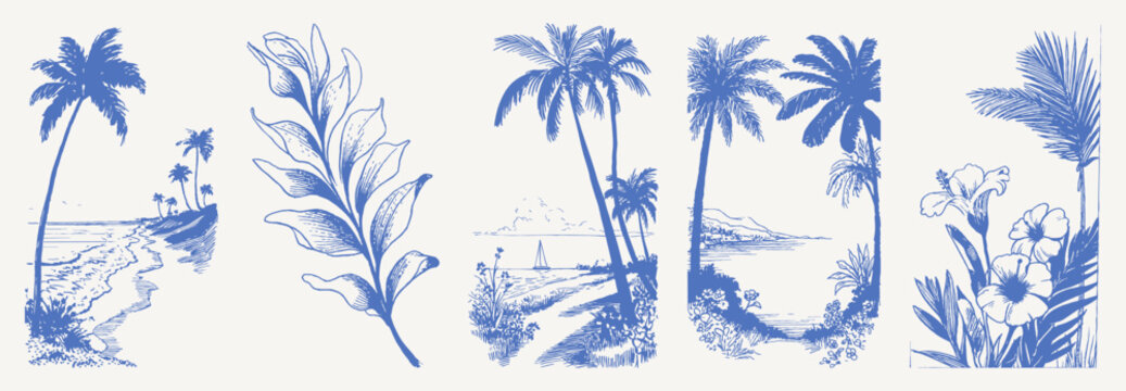 Palm coast path seaside leaf vintage travel. Hand drawn crayon sketch drawing line art set with shoreline, trees, plants and floral frame. Retro summer beach landscape collection.