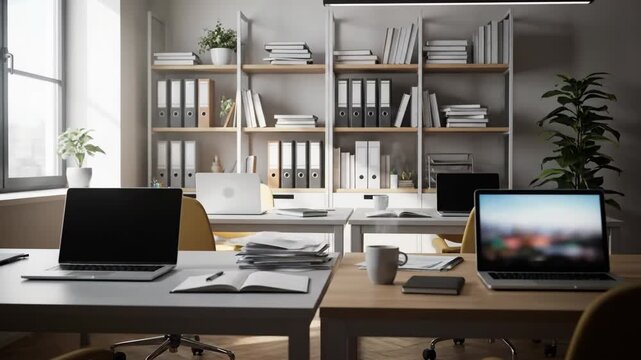 Clean and organized contemporary office space featuring multiple workstations, laptops, and storage shelves. Ideal for business, remote work, or collaborative environments.