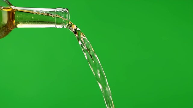 Clear liquid streams from a glass bottle, creating a dynamic flow against a vibrant green screen background, ideal for various projects.