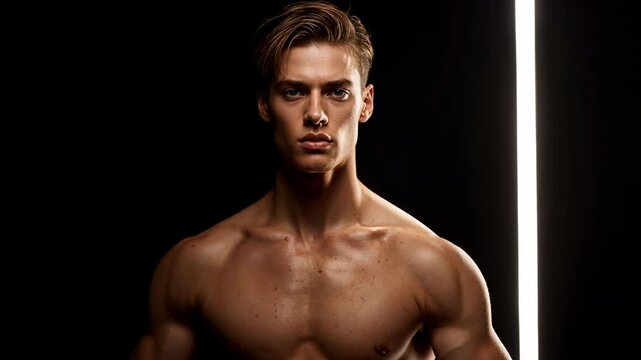 Posing shirtless male after camera cue adjusting torso, flexing right-arm in studio, vertical LED