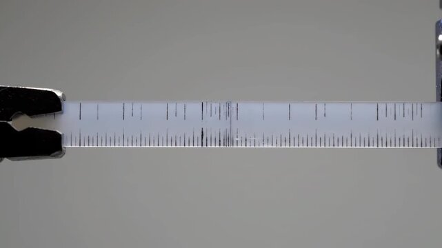 Close up of a transparent ruler with black markings held by two clamps for accurate measurement. Ideal for scientific, engineering, and educational content.