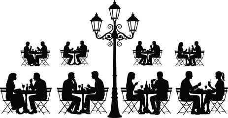 Two women silhouettes sitting at cafe table under umbrella, friends talking and drinking coffee at outdoor restaurant terrace © KHADIJA