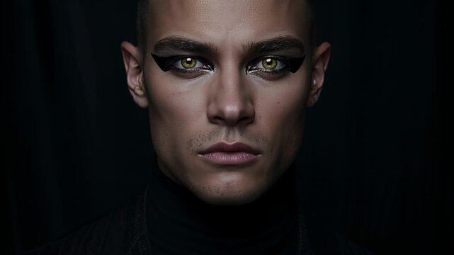 Recording model holding stare in studio turtleneck winged liner yellowgreen eyes creating portrait