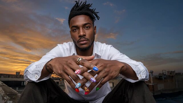 Displaying man wearing white shirt showing bright nails to camera on rooftop sunset, with gold ring
