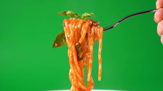 Close-up of a fork lifting and twirling appetizing spaghetti pasta with vibrant red sauce and green basil. Perfect for food-related projects and chroma key editing.