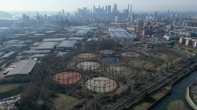 Abandoned Victorian gasholders at the Bromley-by-Bow Gas Works in East London, awaiting demolition and urban redevelopment.