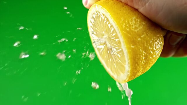 Close-up of a hand squeezing a fresh yellow lemon half, with juice spraying and dripping. Green screen footage for compositing.