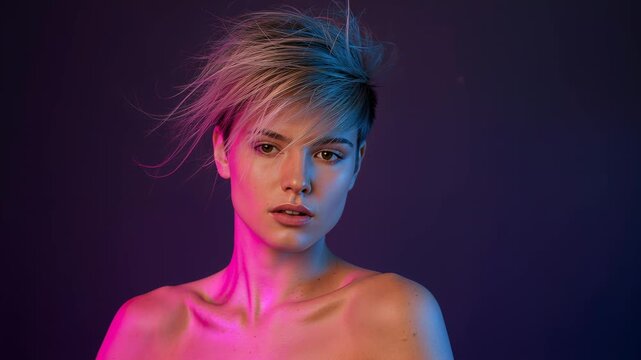 Fan starting, platinum model tilting head letting hair flow while posing with magenta blue lights