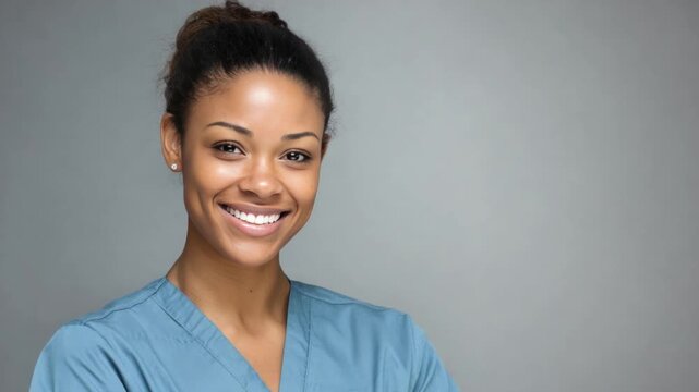 Nurse Portrait: A friendly and professional nurse smiles warmly, wearing blue scrubs, with a soft grey background. Her hair is neatly tied up, highlighting her confident and caring demeanor.