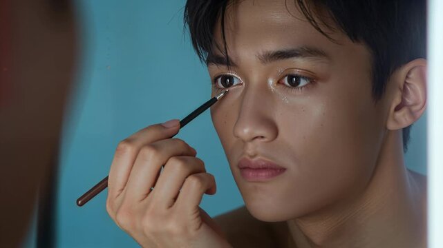 Raising small brush, bare-chested Asian man blending shimmery eyeshadow for inner glow at mirror
