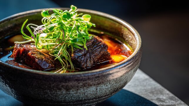 Rich Bowl of Indonesian Spicy Rawon Beef Soup Garnished With Fresh Greens