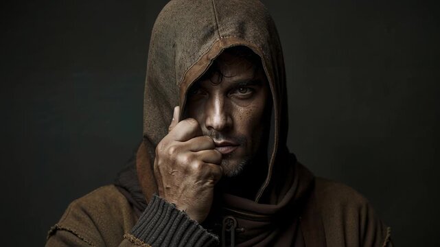 Reacting to camera, man wearing brown coat raising hand in studio, drawing hood to shield face