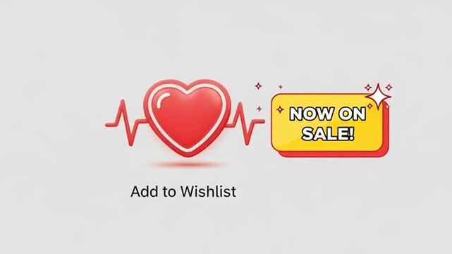 Heartbeat EKG line with heart icon and "Now on Sale!" tag, Add to Wishlist concept