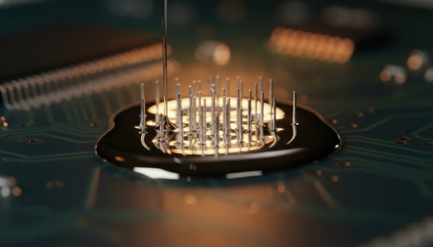 Molten solder pooling around tiny circuit board pins, creating connections in electronics manufacturing