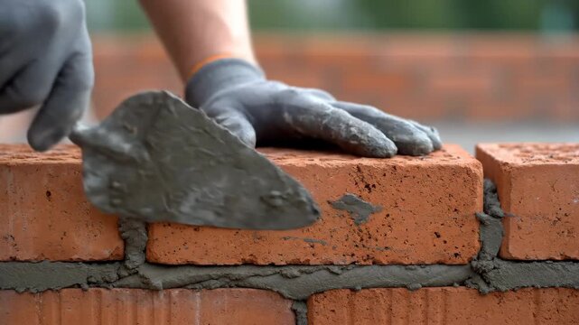 Close-up of a skilled bricklayer's hands in gloves, meticulously spreading cement mortar with a trowel to build a sturdy brick wall on a construction site.