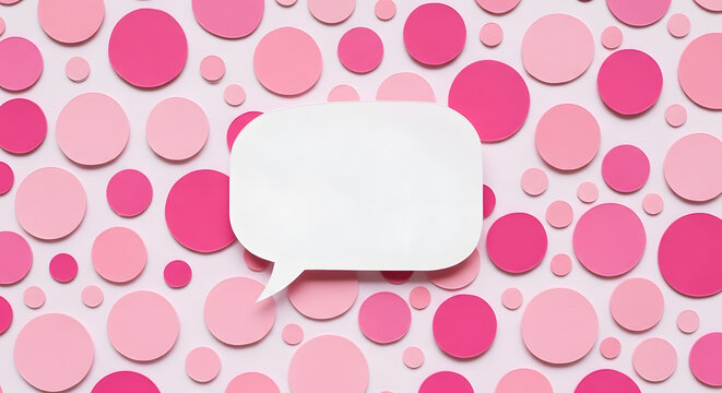 Blank speech bubble on colorful pink polka dot background. Generative AI