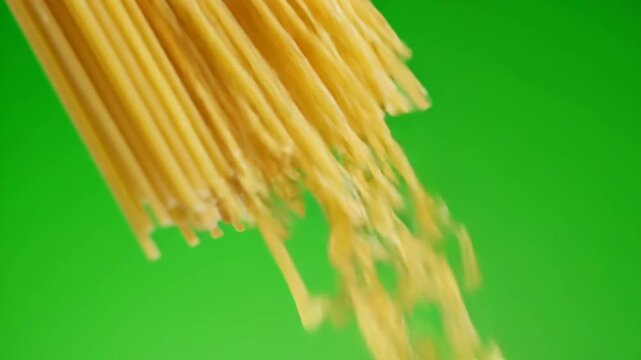 Close-up of dry spaghetti pasta falling against a green screen. Ideal for food advertisements or cooking shows.