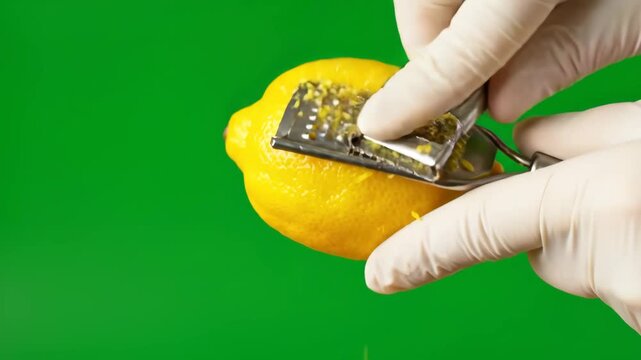 Close-up of hands in white gloves grating fresh lemon zest. Ideal for culinary, healthy food, and cooking projects.