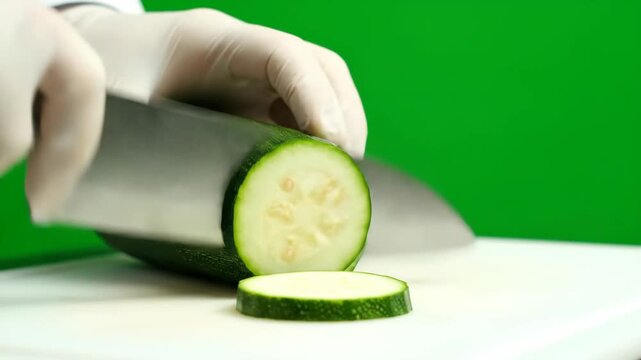 Close-up of hands in white gloves slicing fresh green zucchini on a white cutting board. Healthy food preparation.