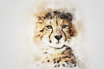 Watercolor portrait captures intense gaze of young cheetah with expressive artistic splatter effects © SKILLTAKES.COM