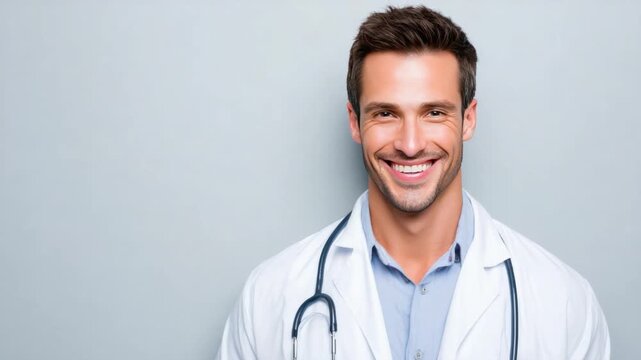 Smiling Doctor Portrait: A friendly male doctor with a stethoscope around his neck smiles warmly at the camera, radiating professionalism and care.