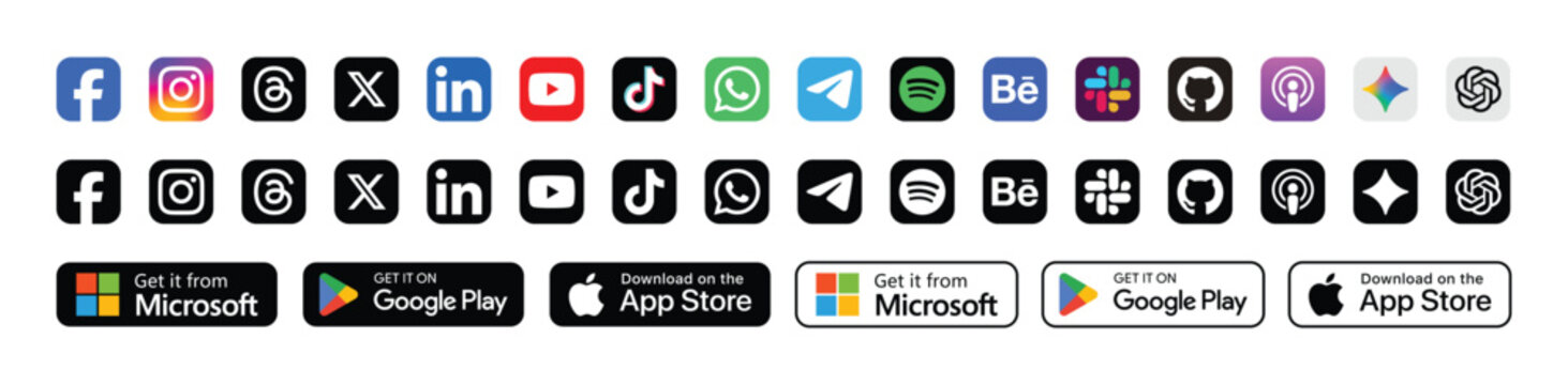 social media icon and app store button set black and color vector collection