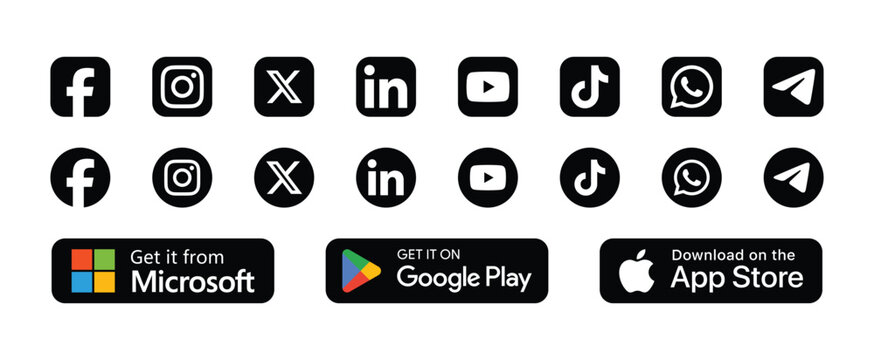 social media and app store button black lcon set facebook instagram youtube tiktok x
