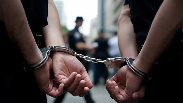 Close-up of two people's hands cuffed together, representing law enforcement, crime, and justice.