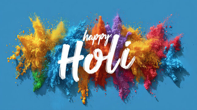 Happy Holi Festival Banner with Vibrant Colorful Powder Explosion on Blue Background