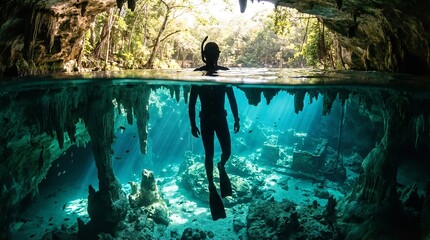 A person snorkeling in a beautiful underwater cave with clear blue water