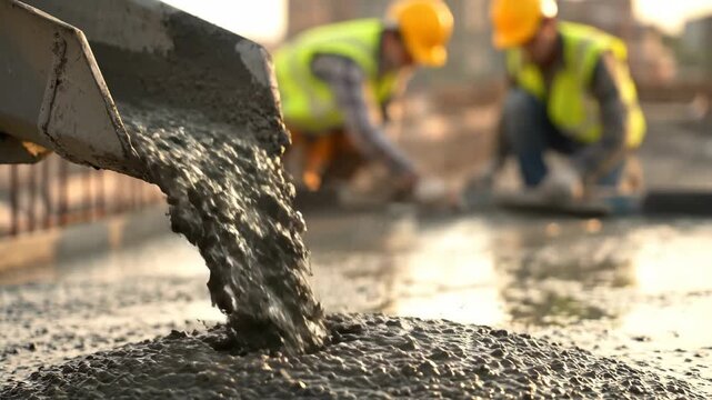 Close-up of wet concrete flowing from a chute, with construction workers leveling the surface in the background.