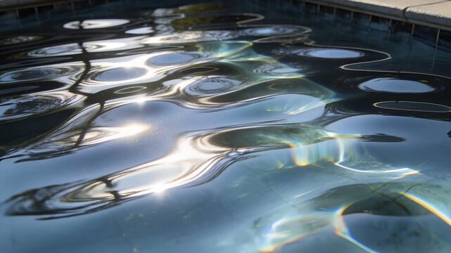 Sun striking pool water surface creating shifting ripples at yard pool coping, with prism flares