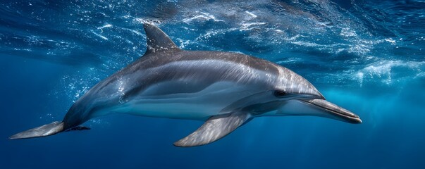 Naklejka premium Dolphin isolated in clear blue ocean water, streamlined body visible, professional underwater wildlife photography