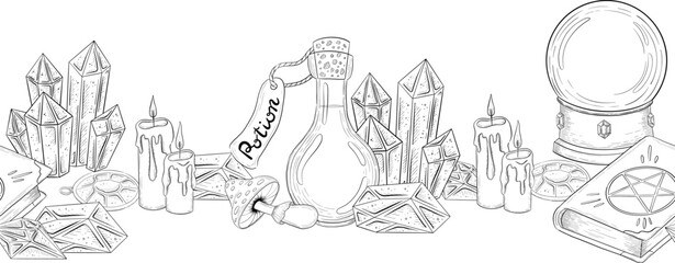 Obraz premium Mystical Magic Engraving Illustrations Set. Hand Drawn tattoo style sketches of crystall ball, crystals, potions, cards, herbs and candles. The theme of magic, mystery and witchcraft