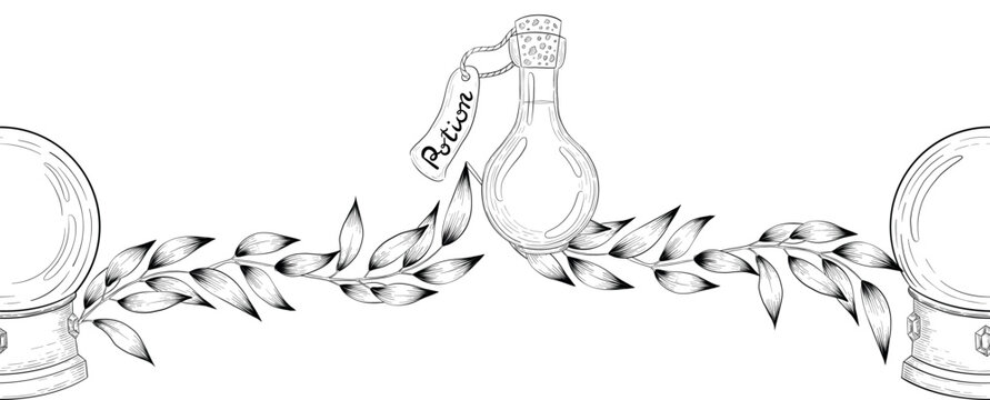 Mystical Magic Engraving Illustrations Set. Hand Drawn tattoo style sketches of crystall ball, crystals, potions, cards, herbs and candles. The theme of magic, mystery and witchcraft