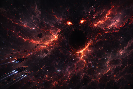 A terrifying cosmic entity with fiery eyes and a huge maw threatens spaceships in a chaotic universe .