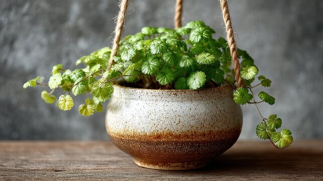 Hanging Dichondra Plant in Ceramic Pot with Rope on Wooden Surface
