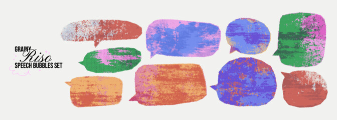 Halftone risograph speech bubbles with distressed overlay texture. Grainy ink dotted effect. Colorful background with place for text in graffiti street style. Vintage urban stencil print.