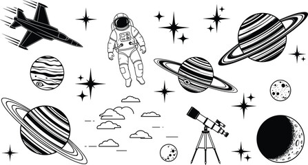 Astronaut Spaceman Flying in Outer Space with Planets Saturn Jupiter Moon Stars Telescope and Spacecraft Rocket Silhouette Vector Icons Set © Gauranga